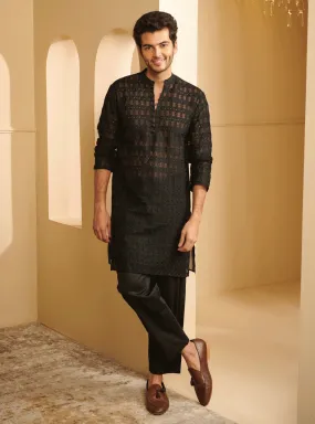 Mulmul Organza Zeke Black Kurta With Mulmul Pima Satin Zeke Black Pyajama