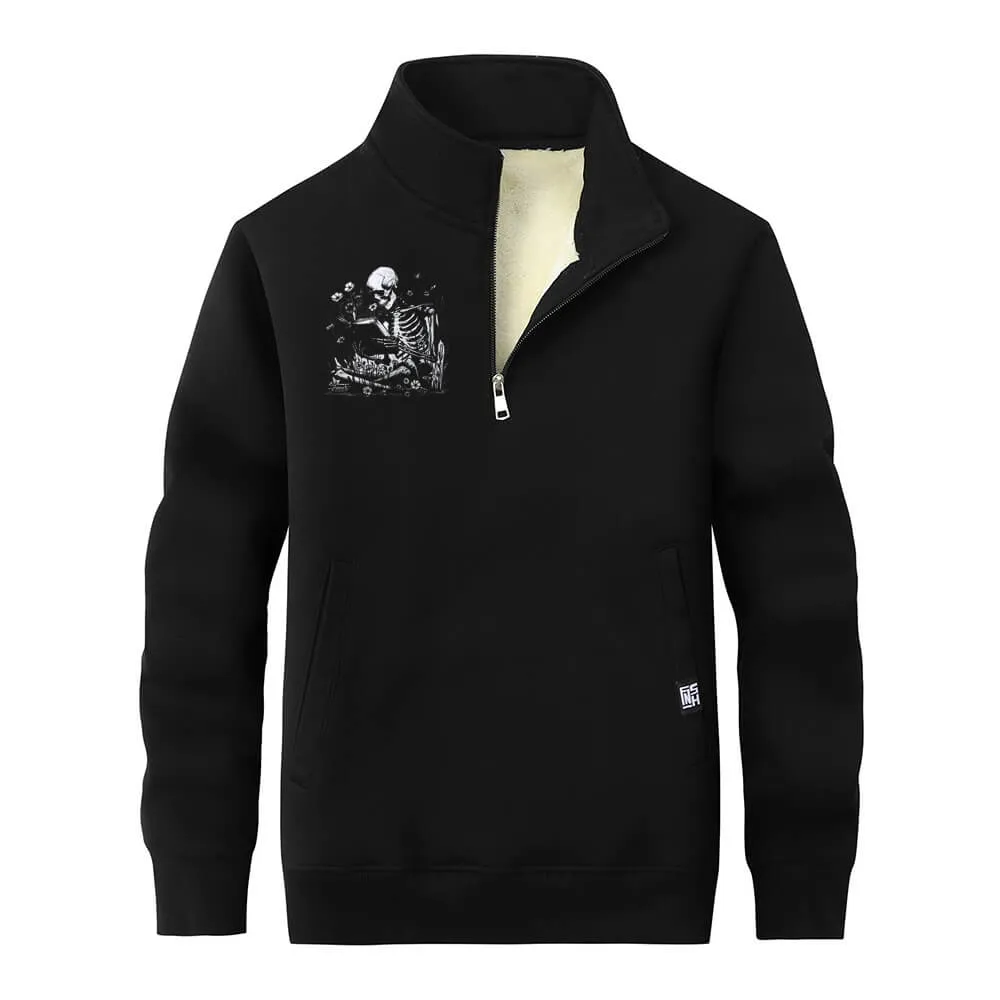 Multicolor Book Reading Skull Collar Zip Fleece Sherpa Sweatshirt