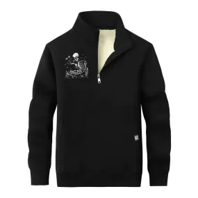 Multicolor Book Reading Skull Collar Zip Fleece Sherpa Sweatshirt