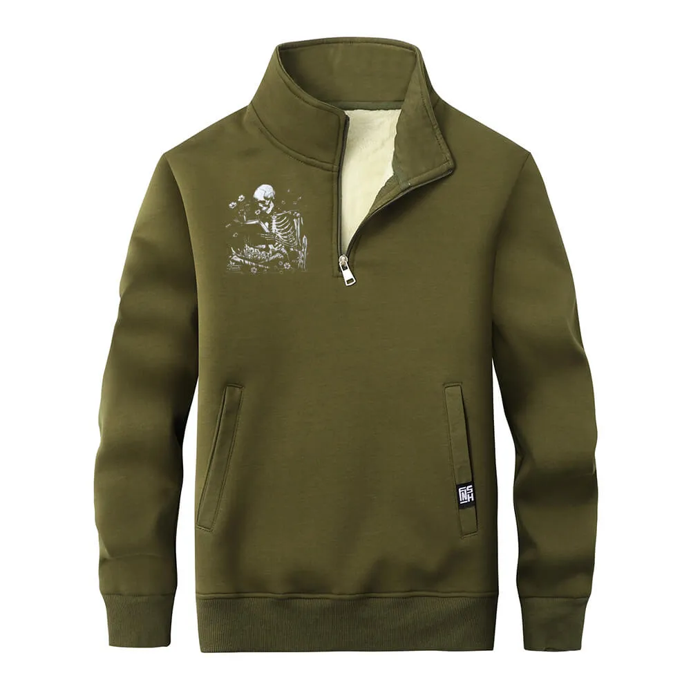Multicolor Book Reading Skull Collar Zip Fleece Sherpa Sweatshirt