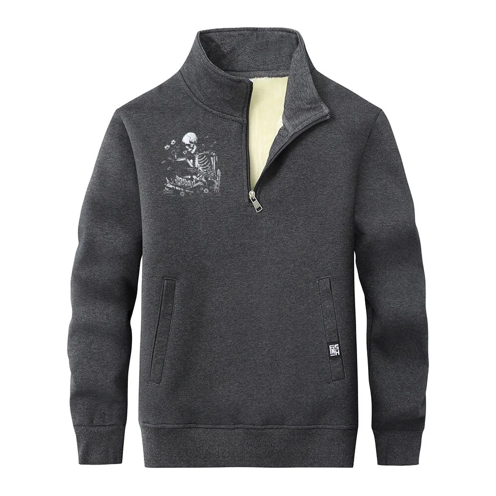 Multicolor Book Reading Skull Collar Zip Fleece Sherpa Sweatshirt