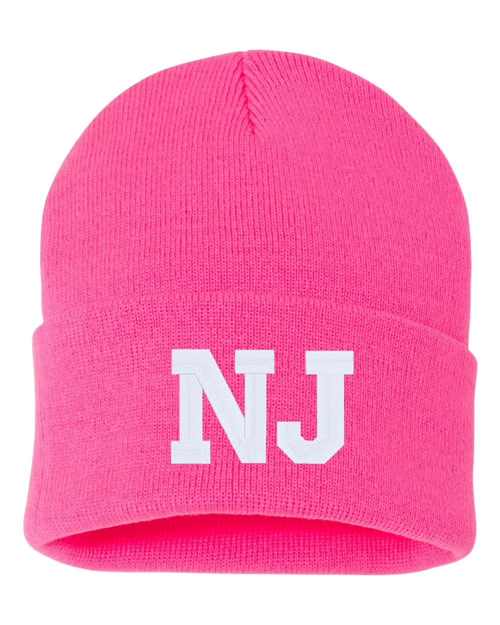 NJ State Abbreviation Embroidered Cuffed Beanie Hat