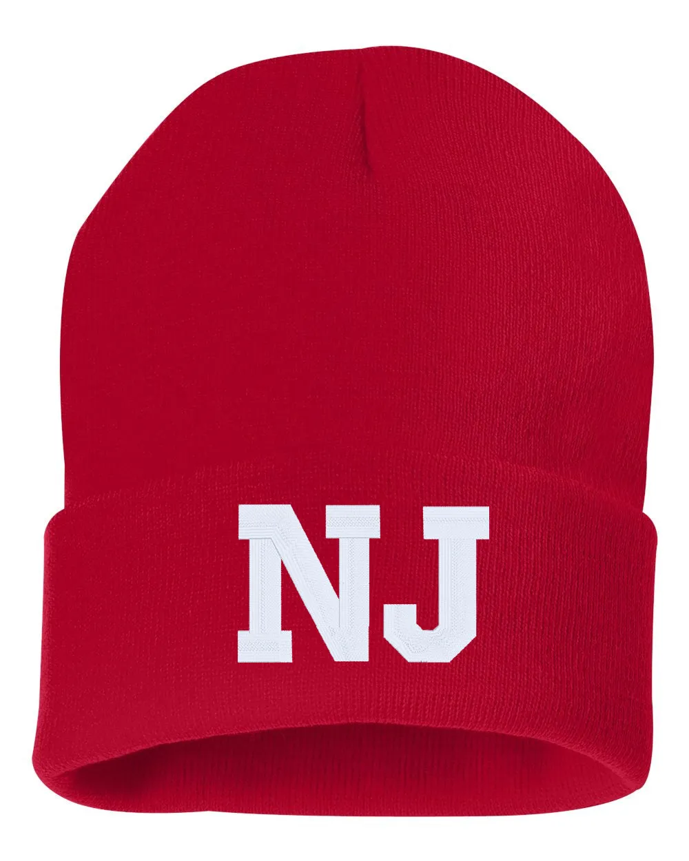 NJ State Abbreviation Embroidered Cuffed Beanie Hat