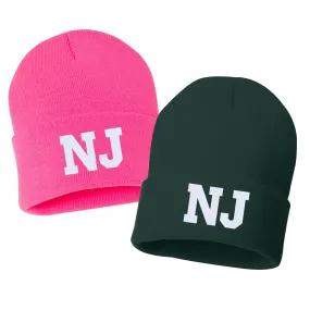 NJ State Abbreviation Embroidered Cuffed Beanie Hat