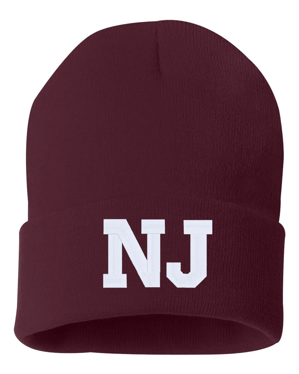 NJ State Abbreviation Embroidered Cuffed Beanie Hat