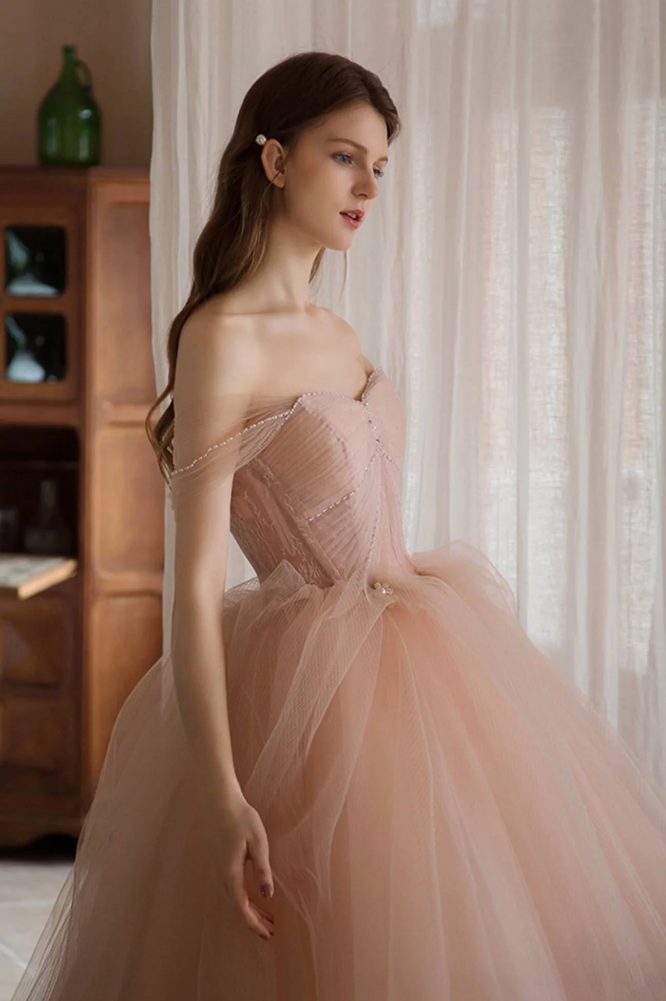 Pink Tulle Lace Long A-Line Prom Dress, Lovely Off the Shoulder Party Dress