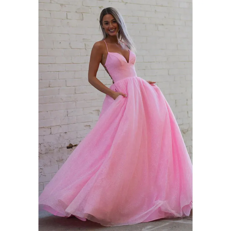 Plunging V-neck Pink Sparkly Prom Dress with Pockets