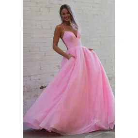Plunging V-neck Pink Sparkly Prom Dress with Pockets