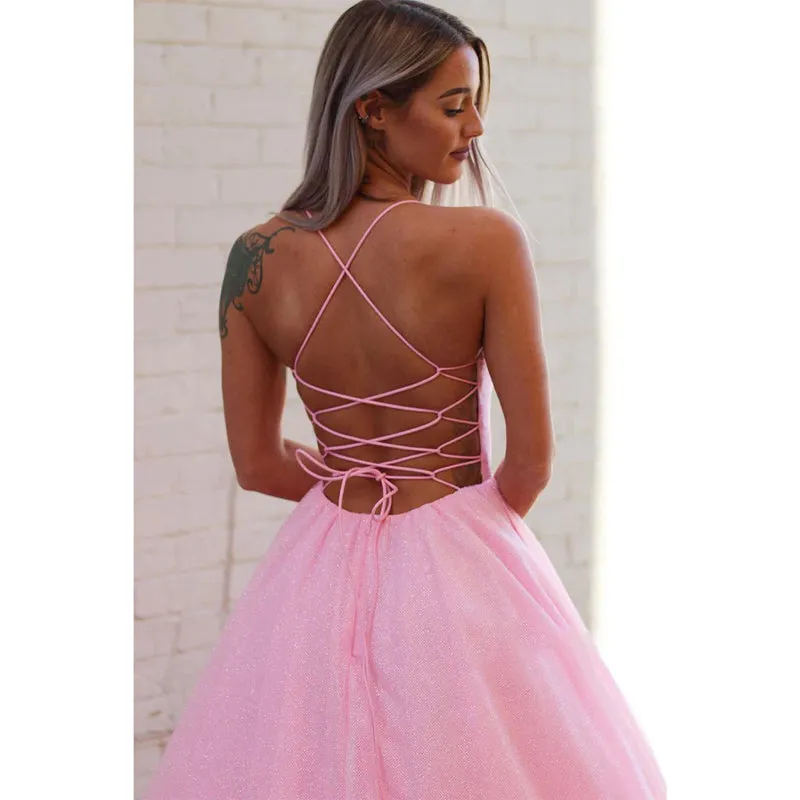 Plunging V-neck Pink Sparkly Prom Dress with Pockets