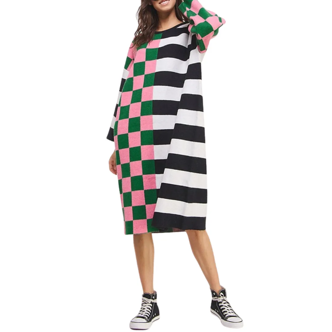 Plus Size Checkered & Stripe Oversized Sweater Dress – Cozy & Bold Statement Piece