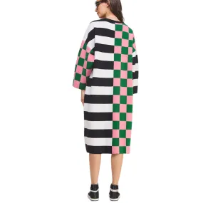 Plus Size Checkered & Stripe Oversized Sweater Dress – Cozy & Bold Statement Piece