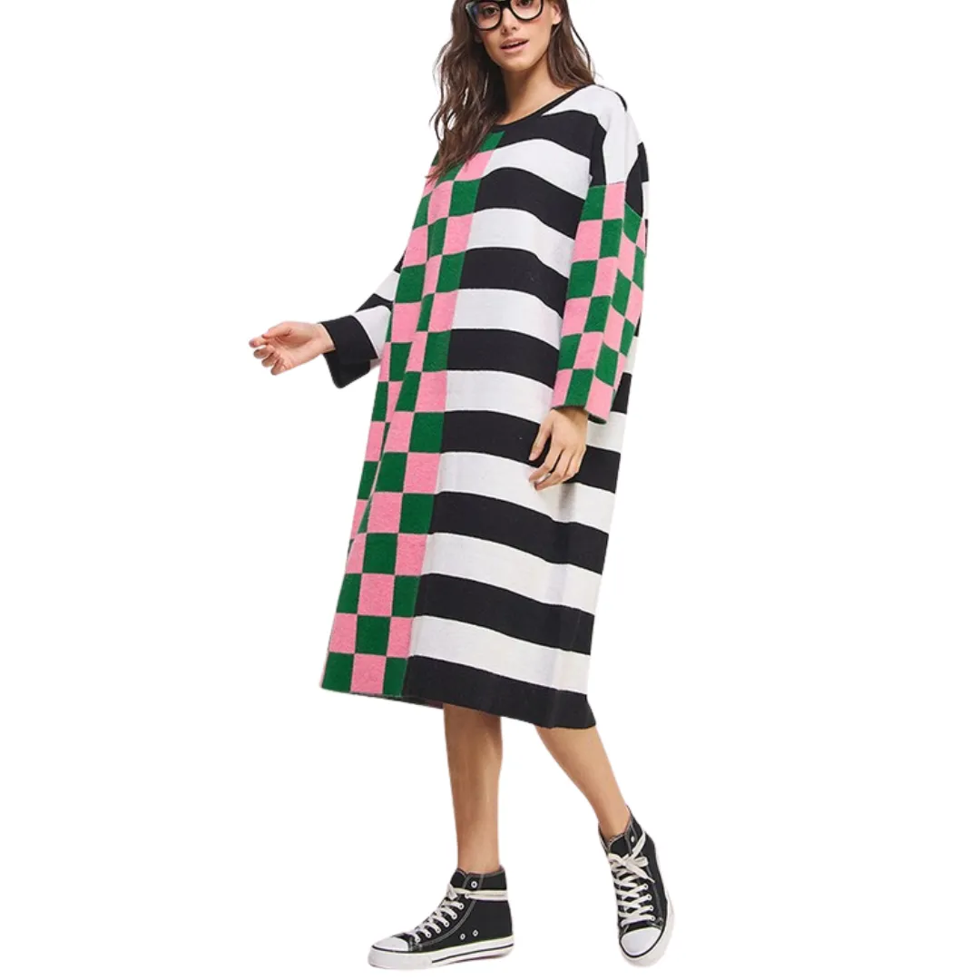 Plus Size Checkered & Stripe Oversized Sweater Dress – Cozy & Bold Statement Piece