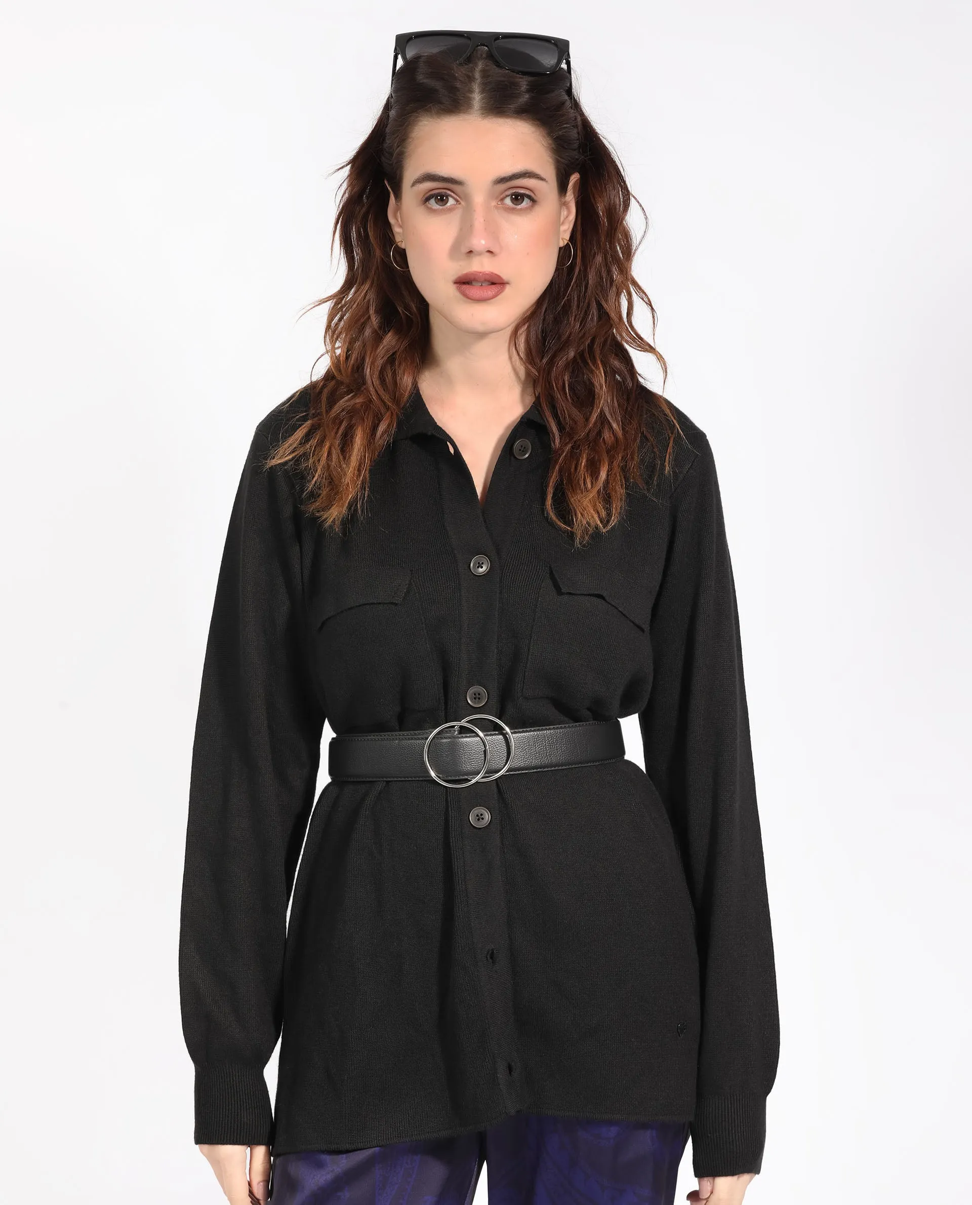 Rareism Women Telkon Black Viscose Fabric Full Sleeves Regular Fit Solid Shirt Collar Sweater