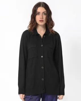 Rareism Women Telkon Black Viscose Fabric Full Sleeves Regular Fit Solid Shirt Collar Sweater