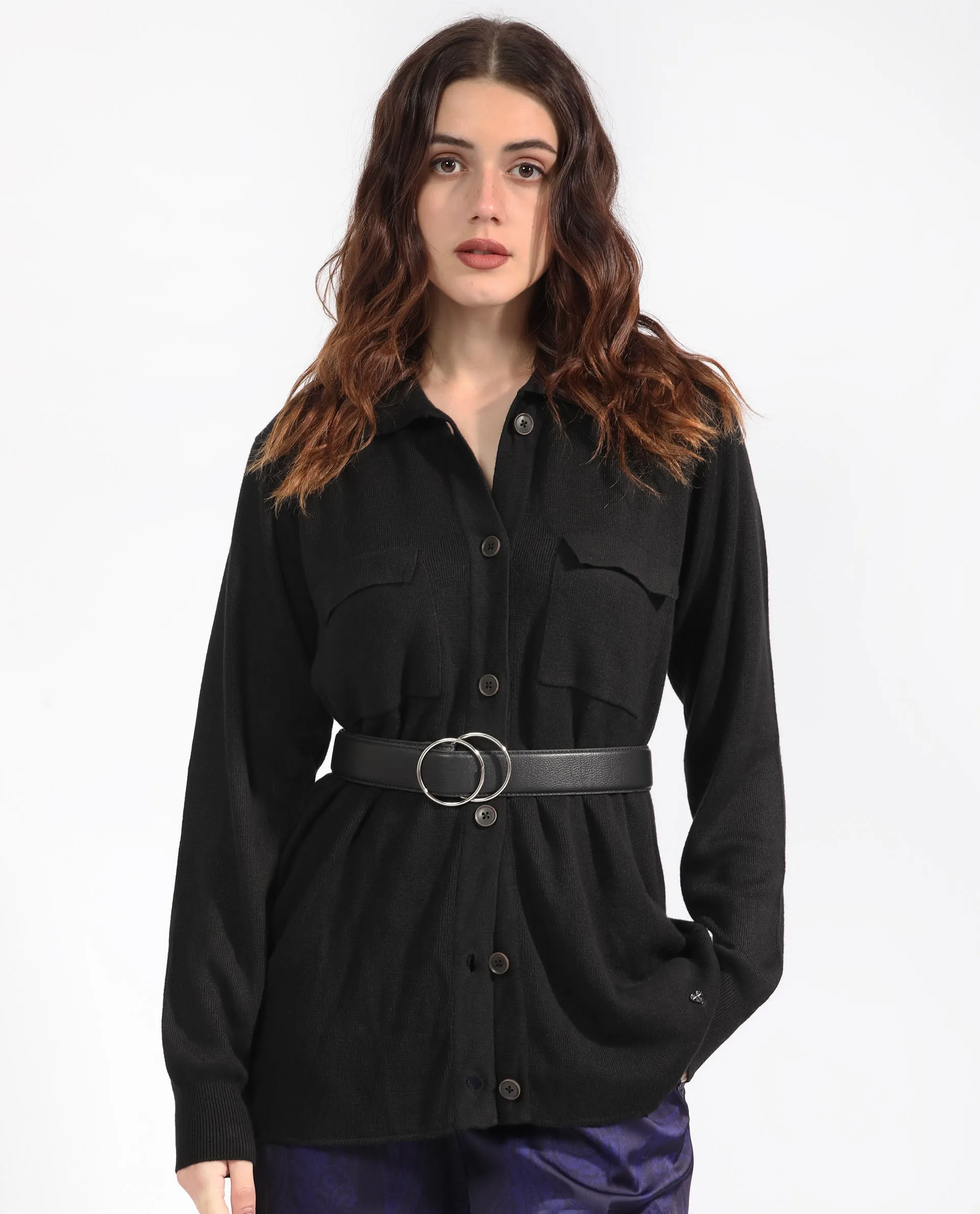 Rareism Women Telkon Black Viscose Fabric Full Sleeves Regular Fit Solid Shirt Collar Sweater