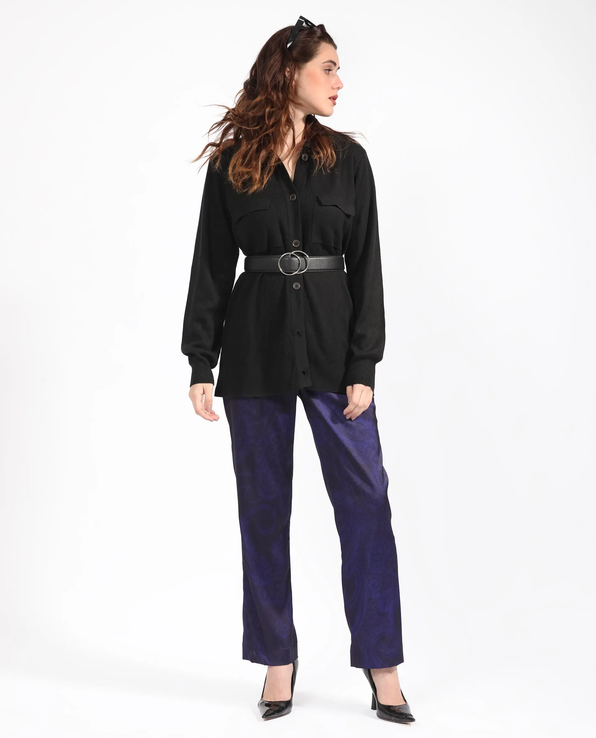 Rareism Women Telkon Black Viscose Fabric Full Sleeves Regular Fit Solid Shirt Collar Sweater
