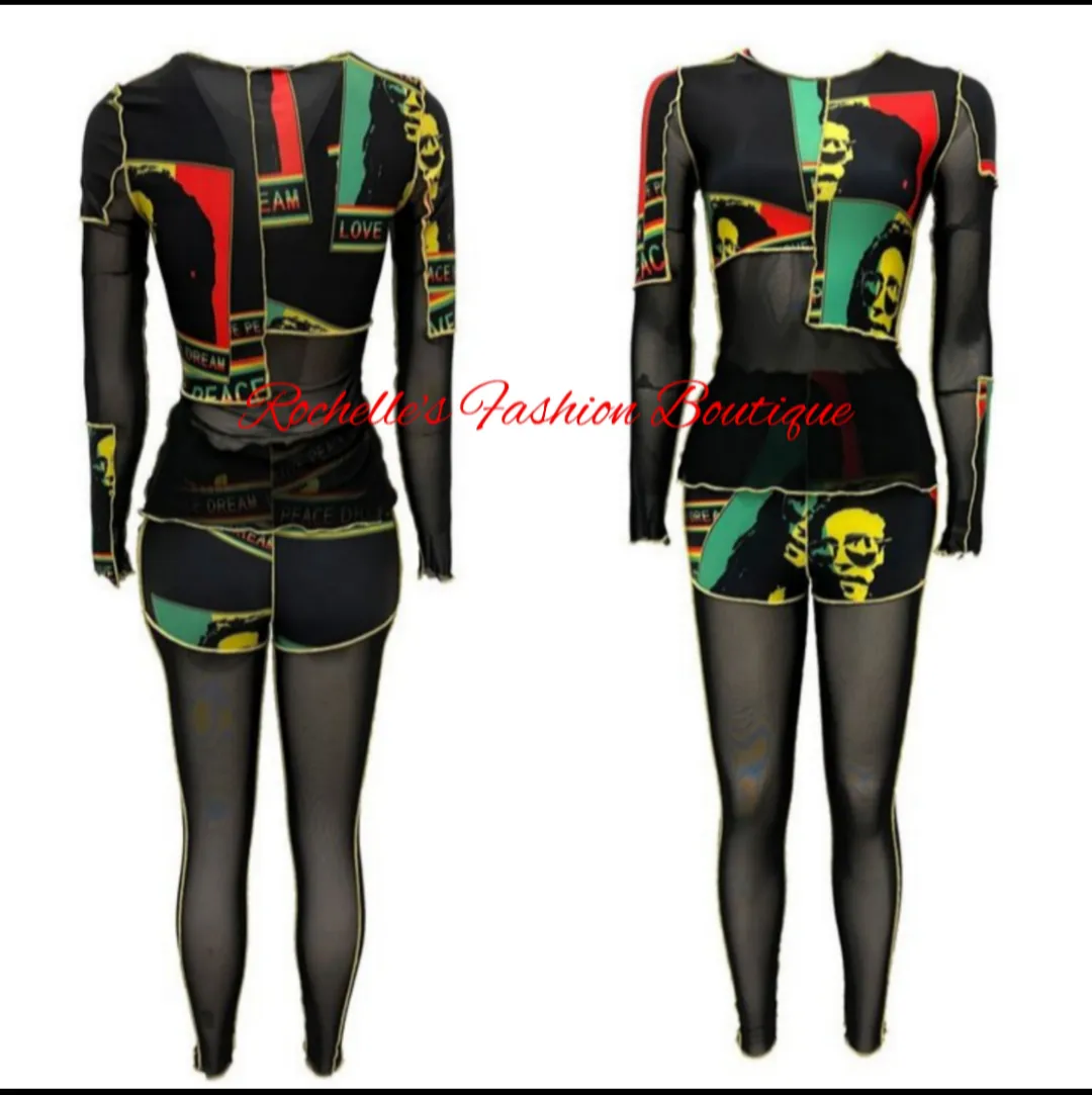 Red, Black And Green Print Plus Pants Set