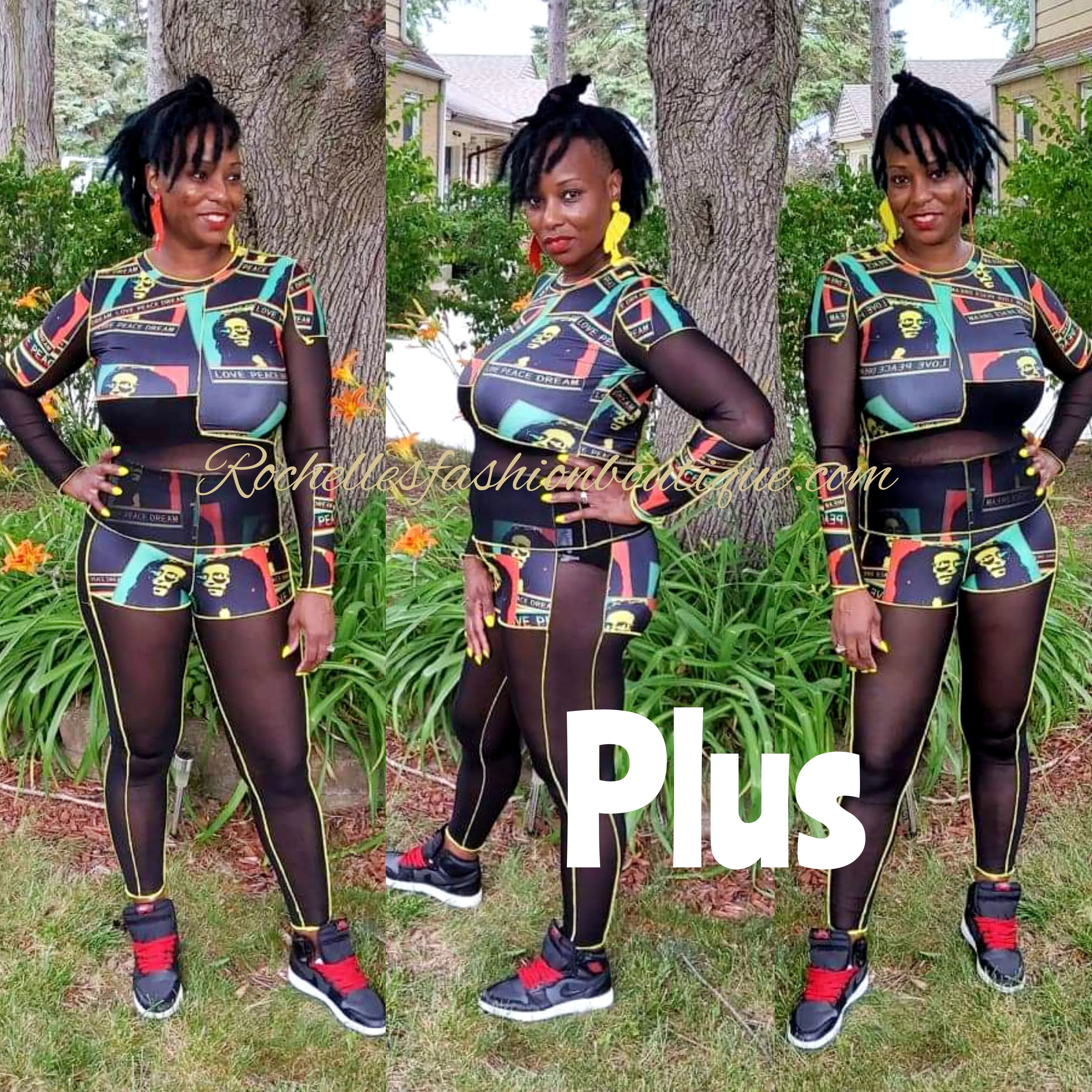 Red, Black And Green Print Plus Pants Set