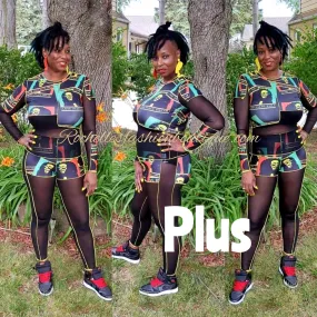 Red, Black And Green Print Plus Pants Set