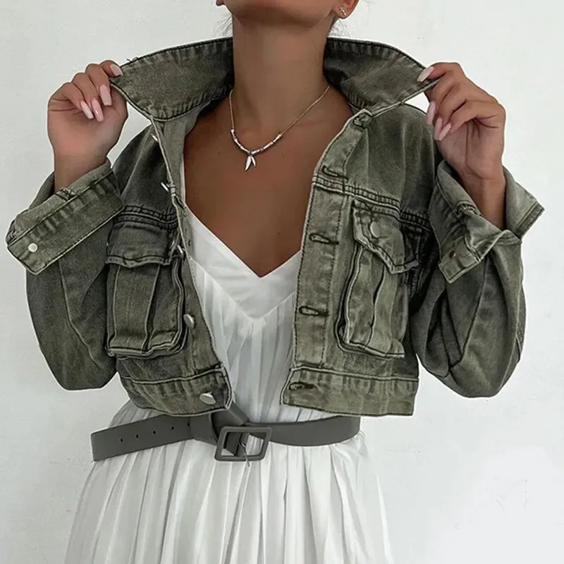 Retro Denim Pockets Buttons Short Coat