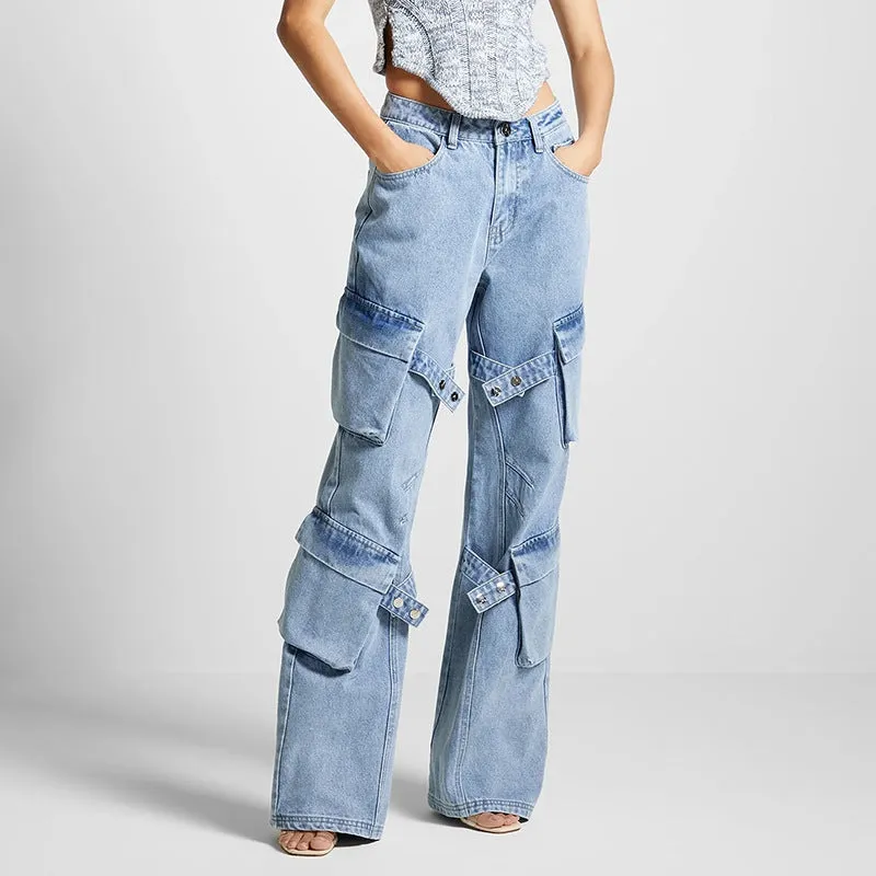 Retro multi-pocket design strap jeans