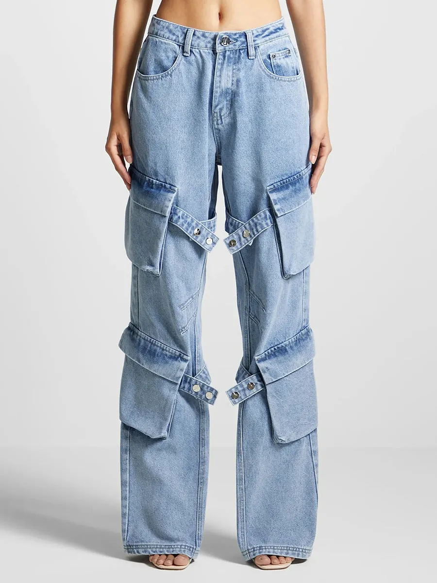 Retro multi-pocket design strap jeans