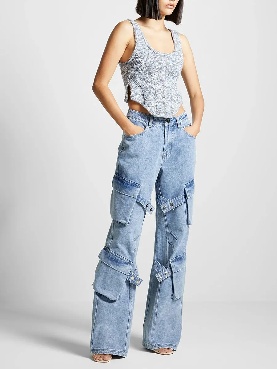 Retro multi-pocket design strap jeans