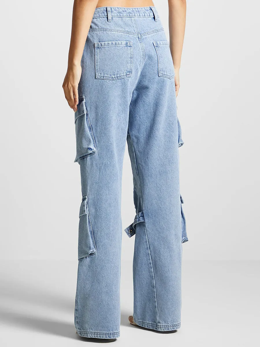 Retro multi-pocket design strap jeans