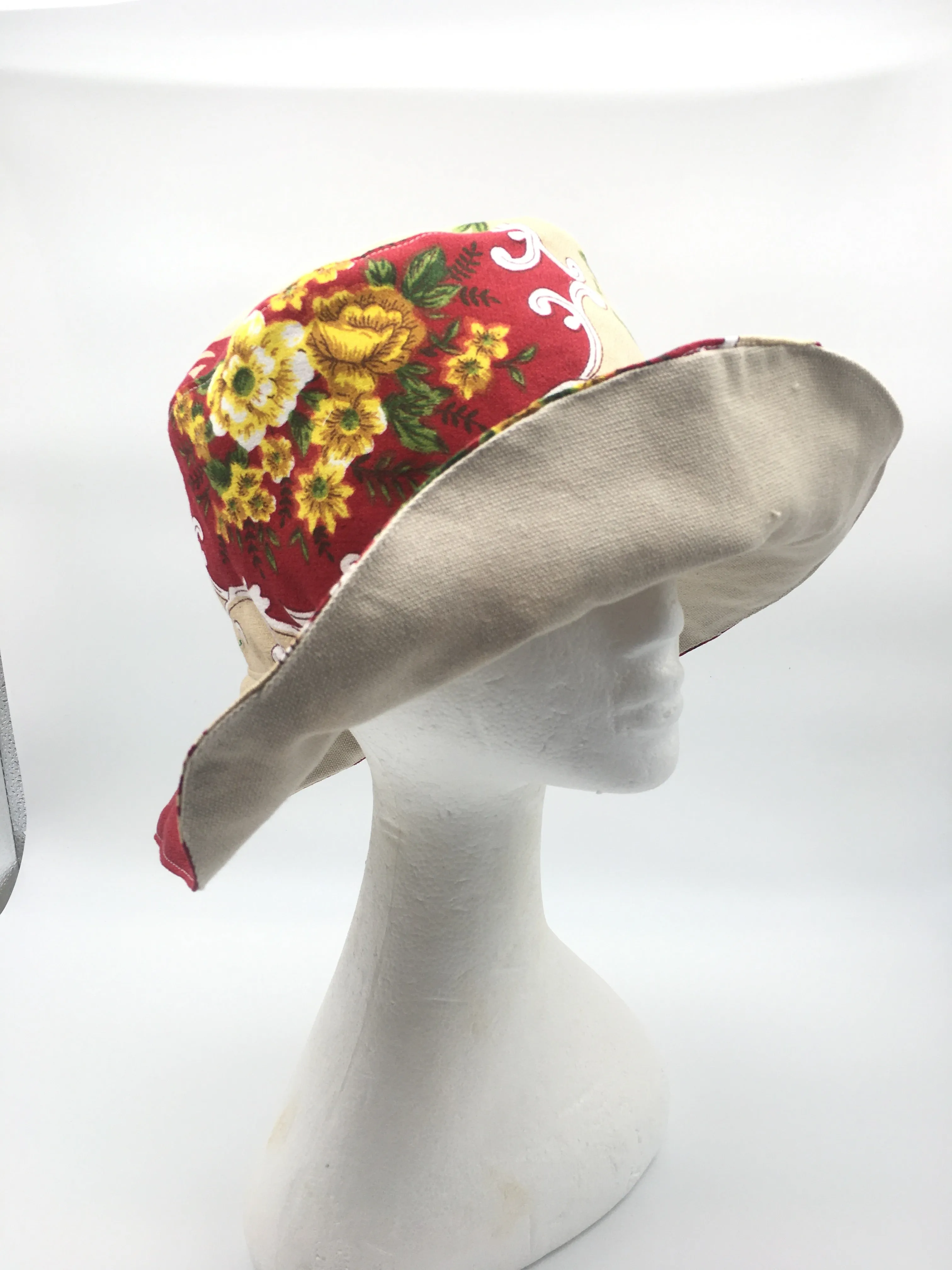 Retro Sun Hat-  Red Floral 2
