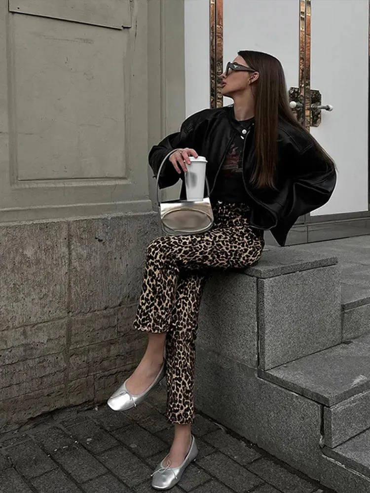 Rosa Luipaardprint-Jeans | Stijlvolle smalle streetwear damesbroek in pencil-stijl