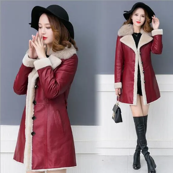 Sheepskin Coat Women 2018Winter Leather Jacket Female Black Wine Shearling Coat Fur Collar Warm Leather Jacket Outerwear 4XLC317