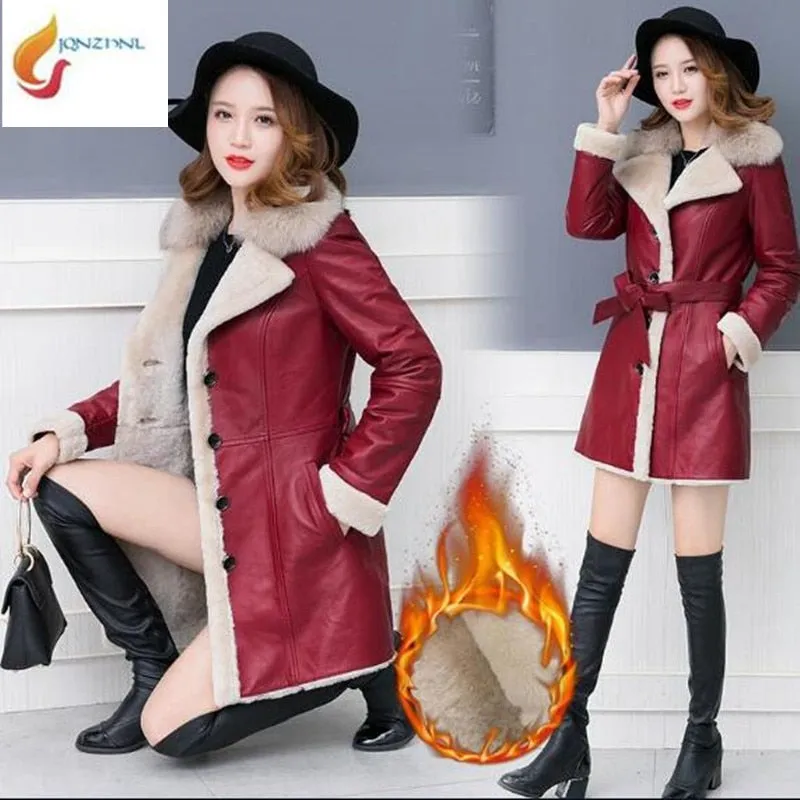 Sheepskin Coat Women 2018Winter Leather Jacket Female Black Wine Shearling Coat Fur Collar Warm Leather Jacket Outerwear 4XLC317