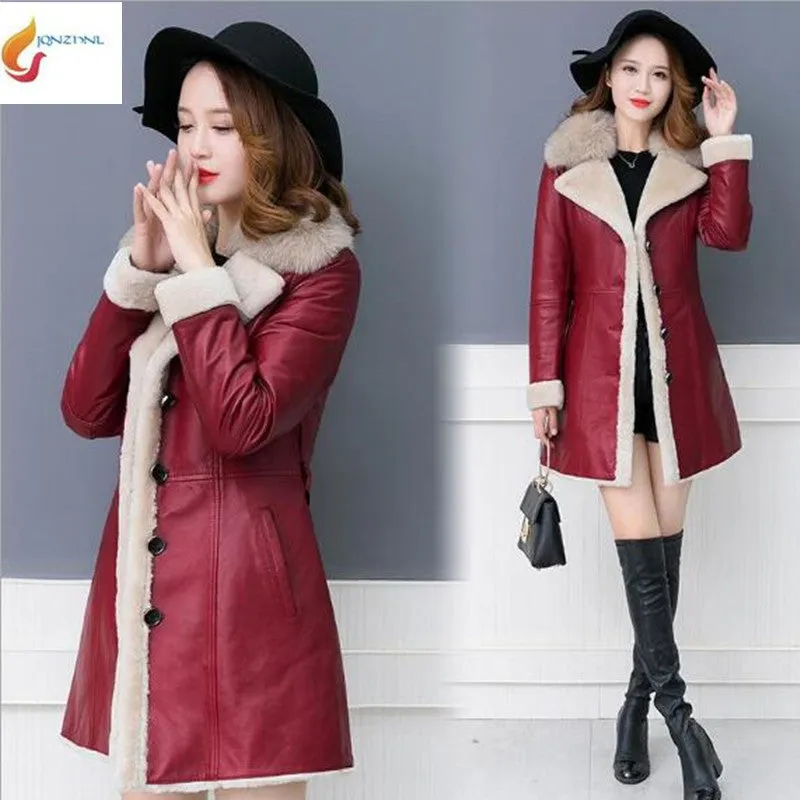 Sheepskin Coat Women 2018Winter Leather Jacket Female Black Wine Shearling Coat Fur Collar Warm Leather Jacket Outerwear 4XLC317