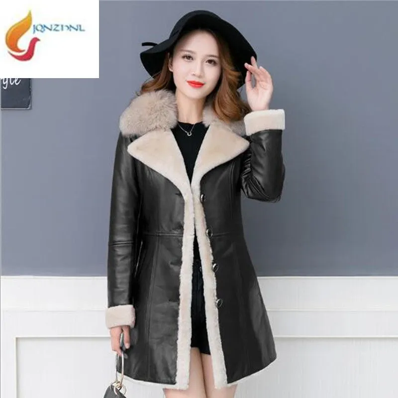 Sheepskin Coat Women 2018Winter Leather Jacket Female Black Wine Shearling Coat Fur Collar Warm Leather Jacket Outerwear 4XLC317