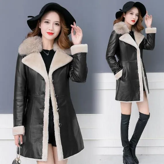 Sheepskin Coat Women 2018Winter Leather Jacket Female Black Wine Shearling Coat Fur Collar Warm Leather Jacket Outerwear 4XLC317