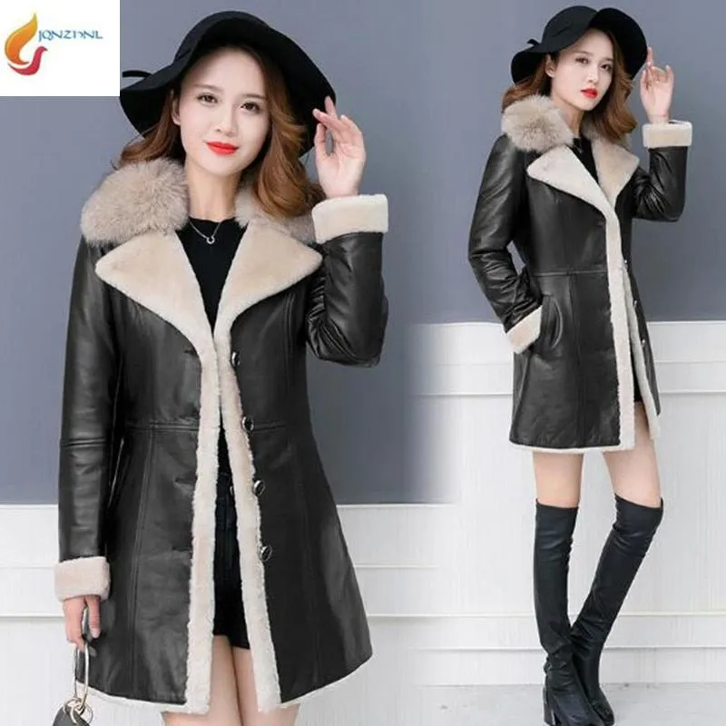 Sheepskin Coat Women 2018Winter Leather Jacket Female Black Wine Shearling Coat Fur Collar Warm Leather Jacket Outerwear 4XLC317