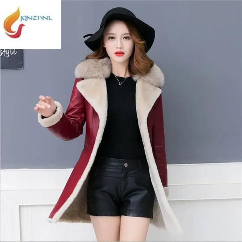 Sheepskin Coat Women 2018Winter Leather Jacket Female Black Wine Shearling Coat Fur Collar Warm Leather Jacket Outerwear 4XLC317