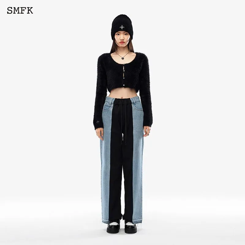 Skater Deconstructed Wide Leg Jeans Blue and Black