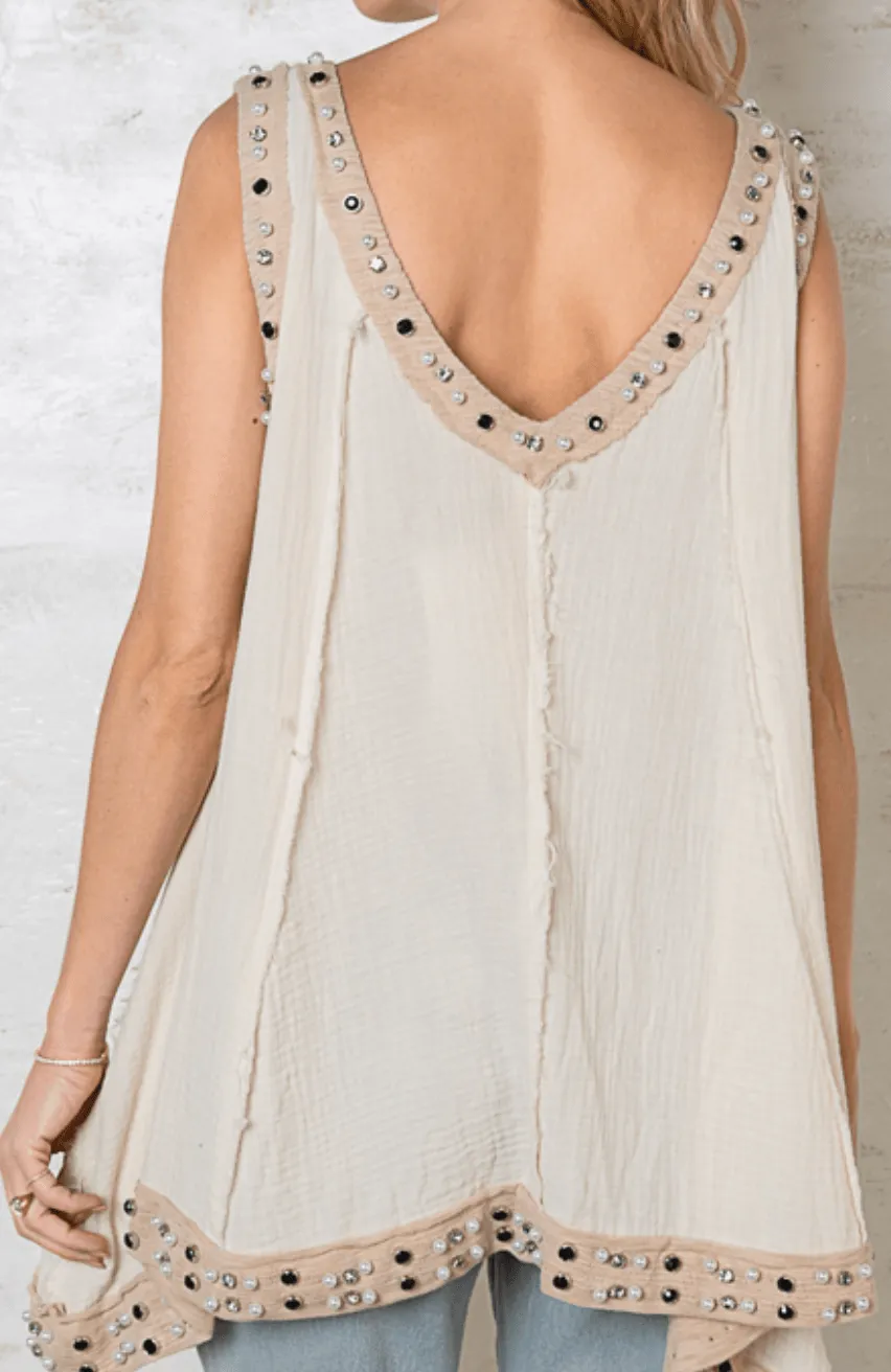 Sleeveless Double V-Neck Oversized Cotton Top with Stones YKT863