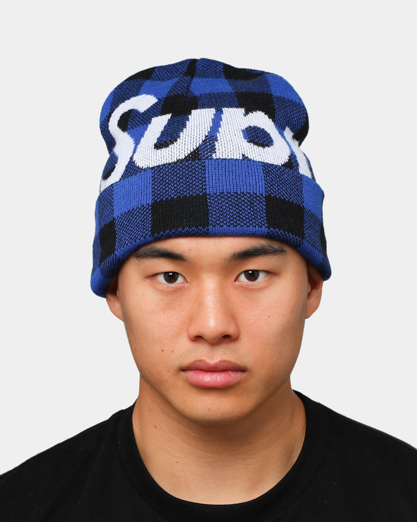 Supreme Big Logo Beanie Blue Plaid