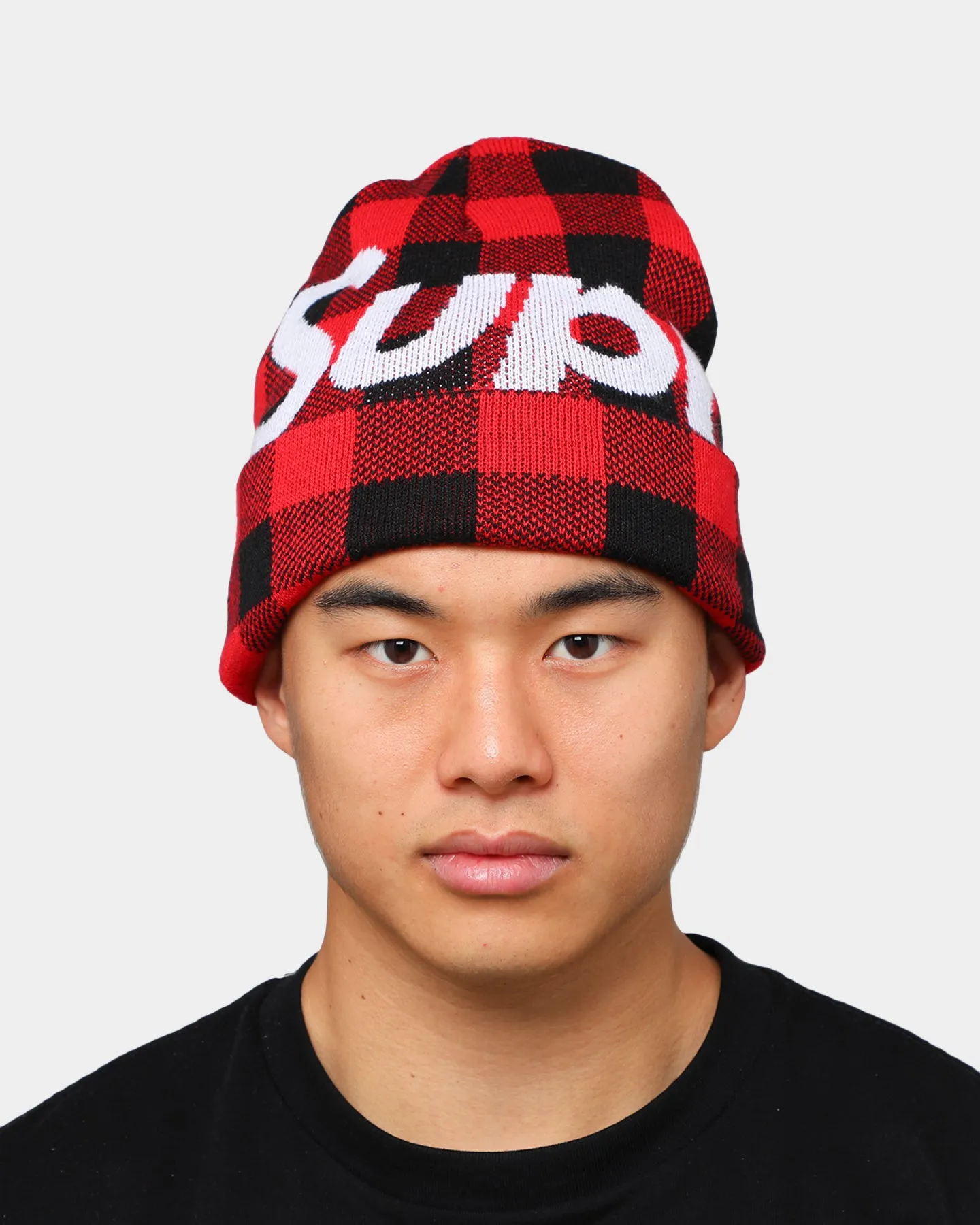 Supreme Big Logo Beanie Red Plaid