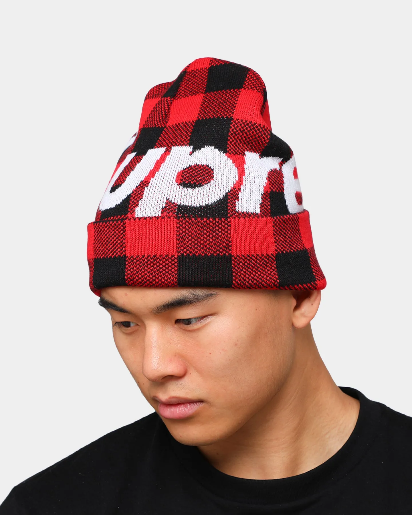 Supreme Big Logo Beanie Red Plaid