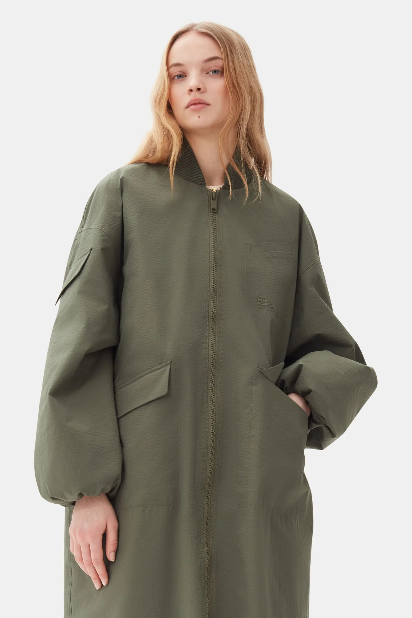 Tech Seersucker Oversized Shell Coat
