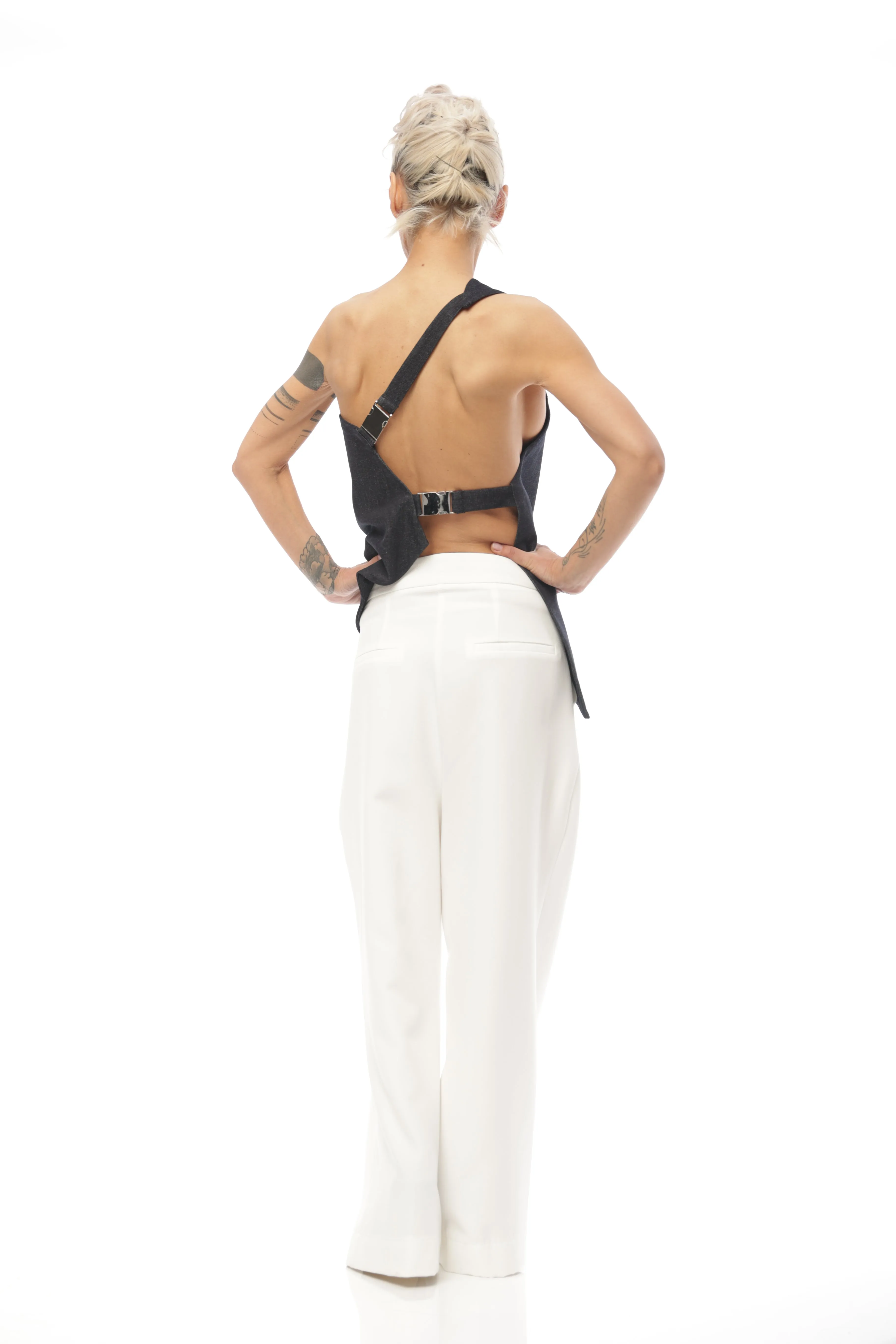 Techwear Inspired Open-Back Denim Top with Buckle Details