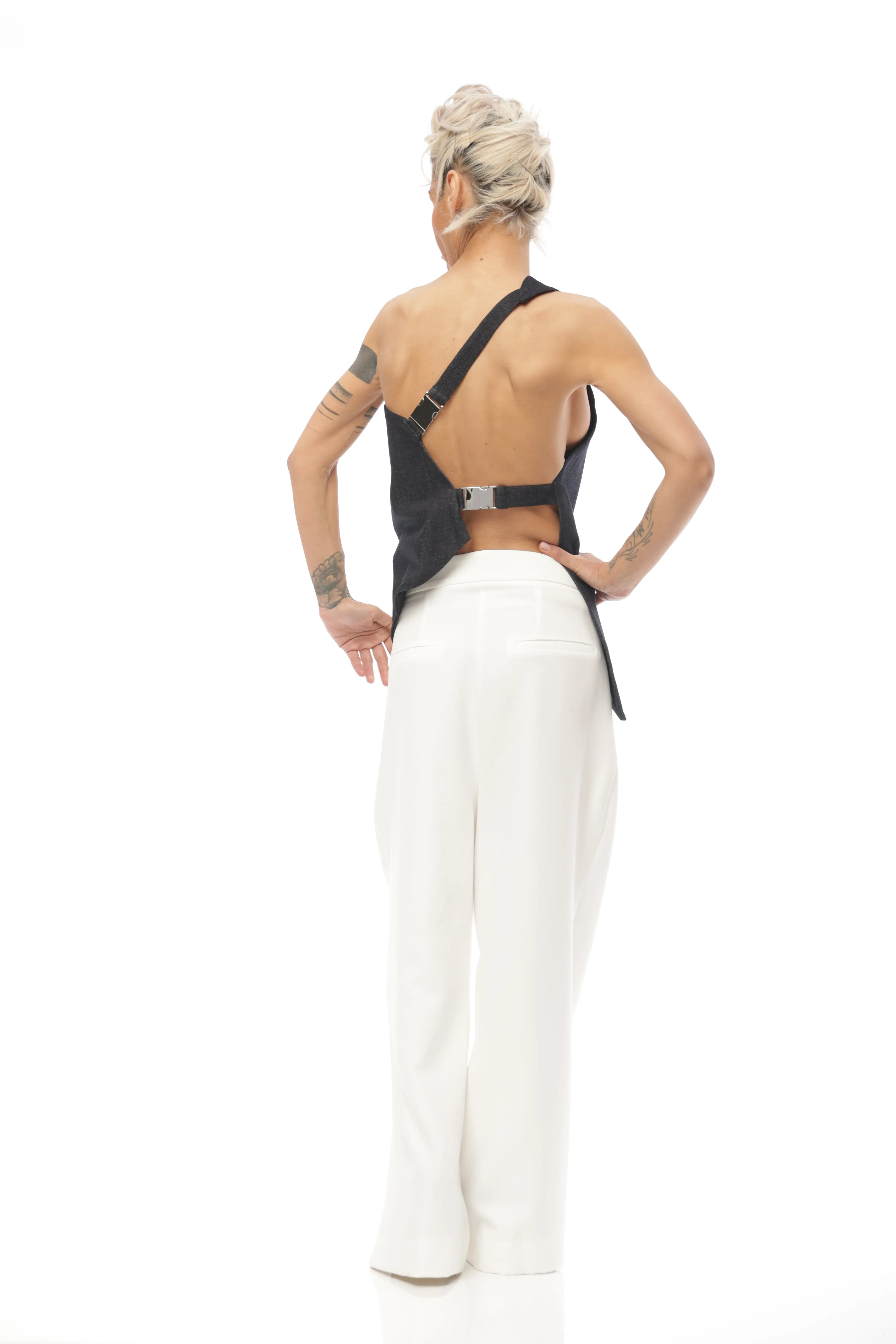 Techwear Inspired Open-Back Denim Top with Buckle Details