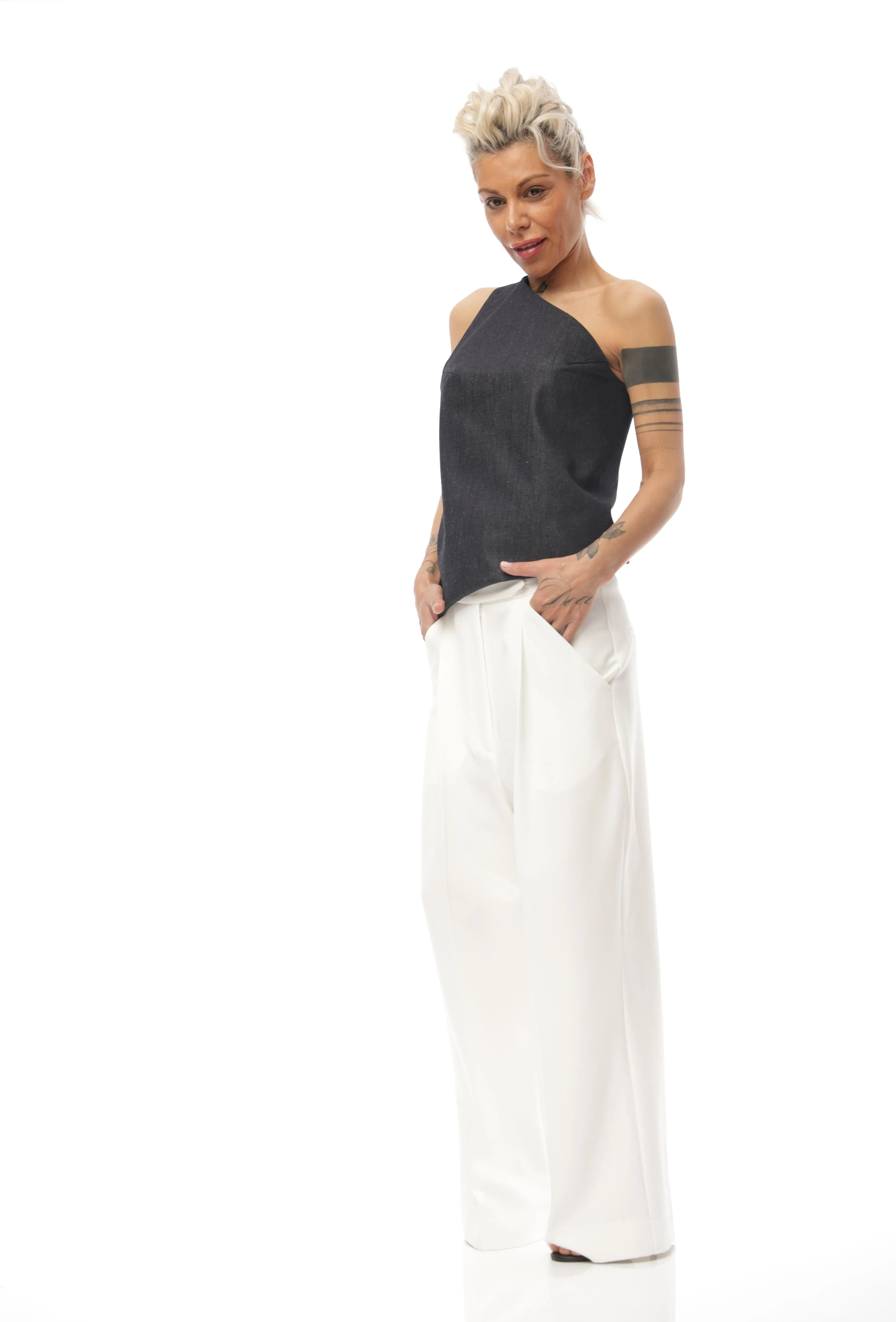 Techwear Inspired Open-Back Denim Top with Buckle Details