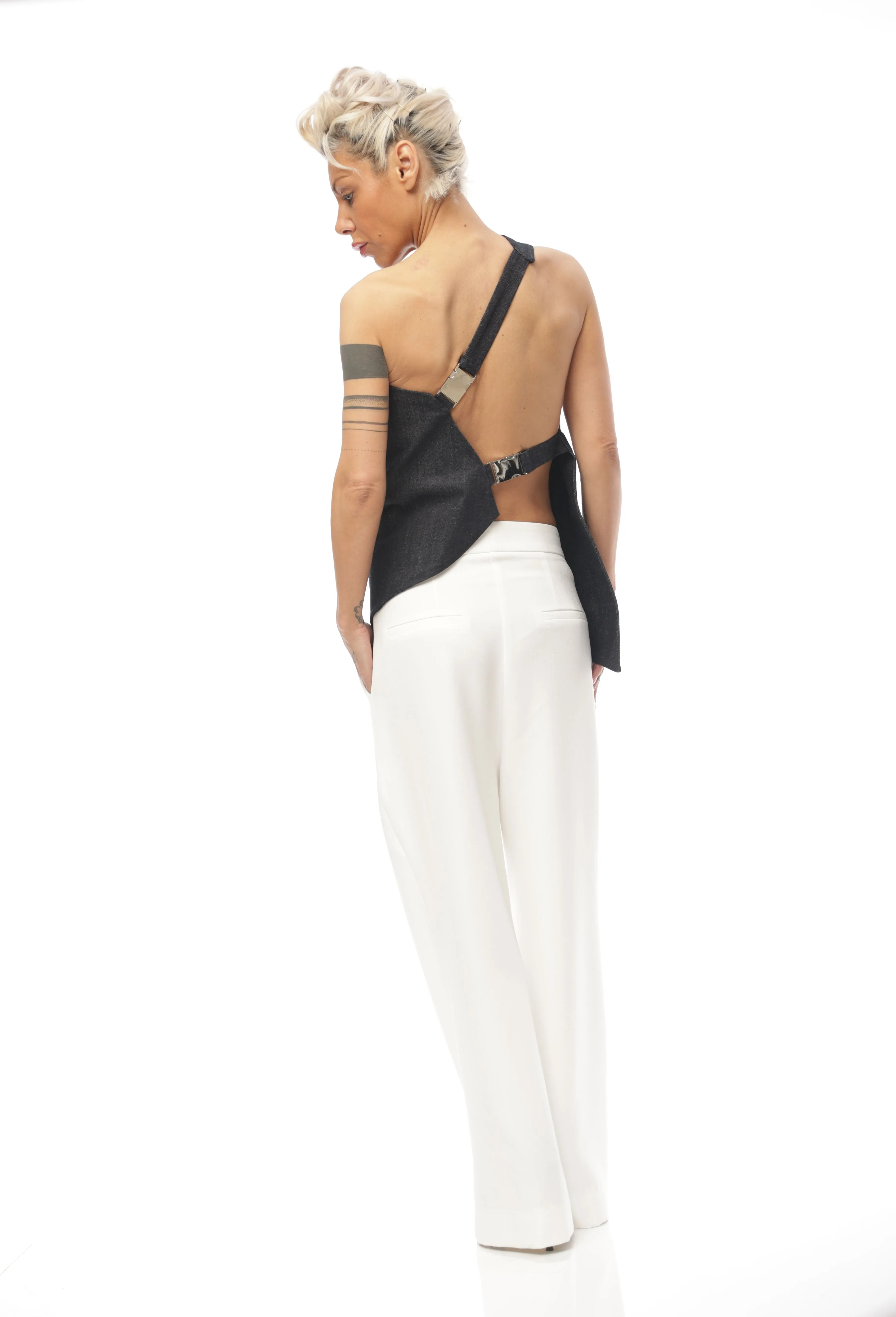 Techwear Inspired Open-Back Denim Top with Buckle Details