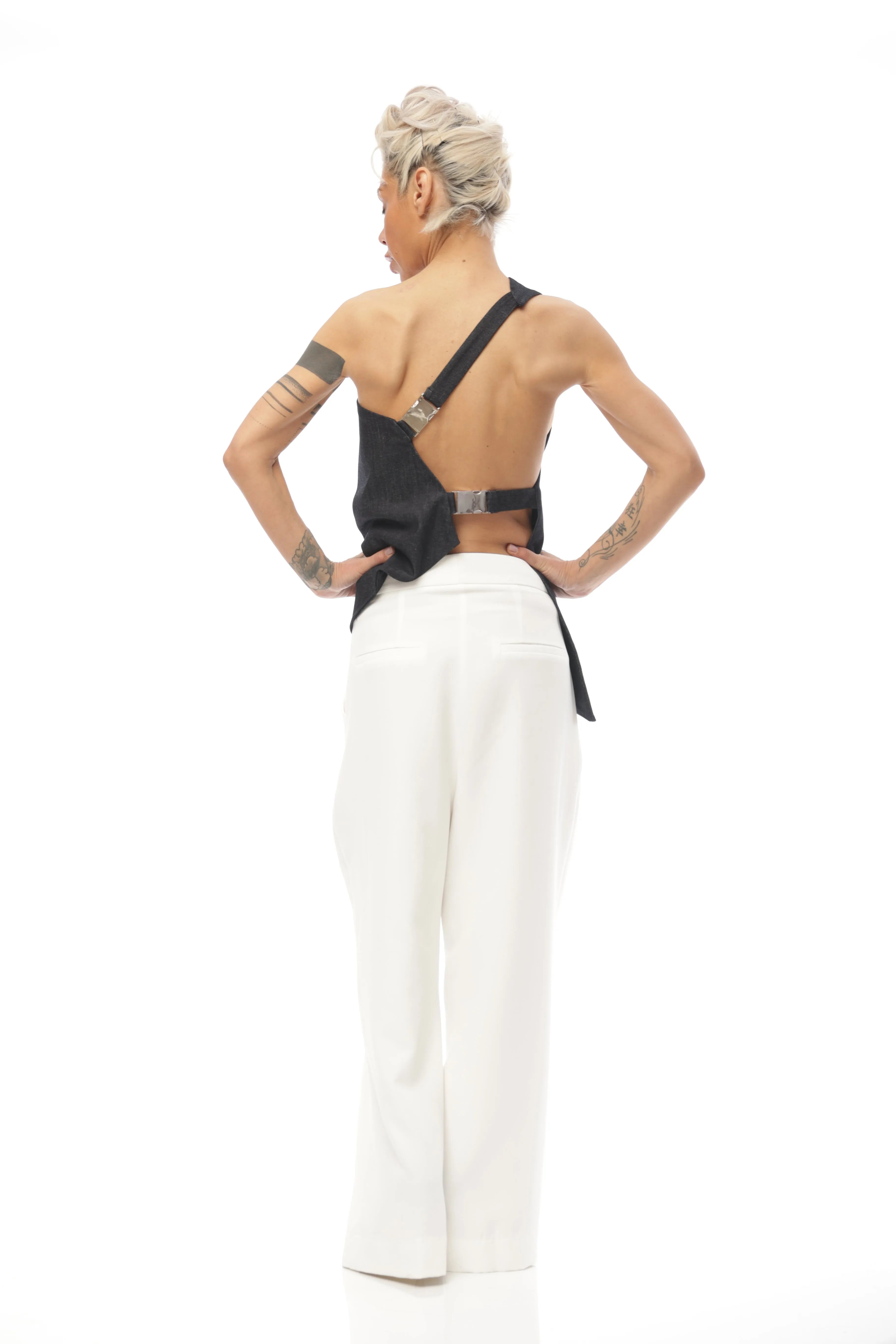 Techwear Inspired Open-Back Denim Top with Buckle Details