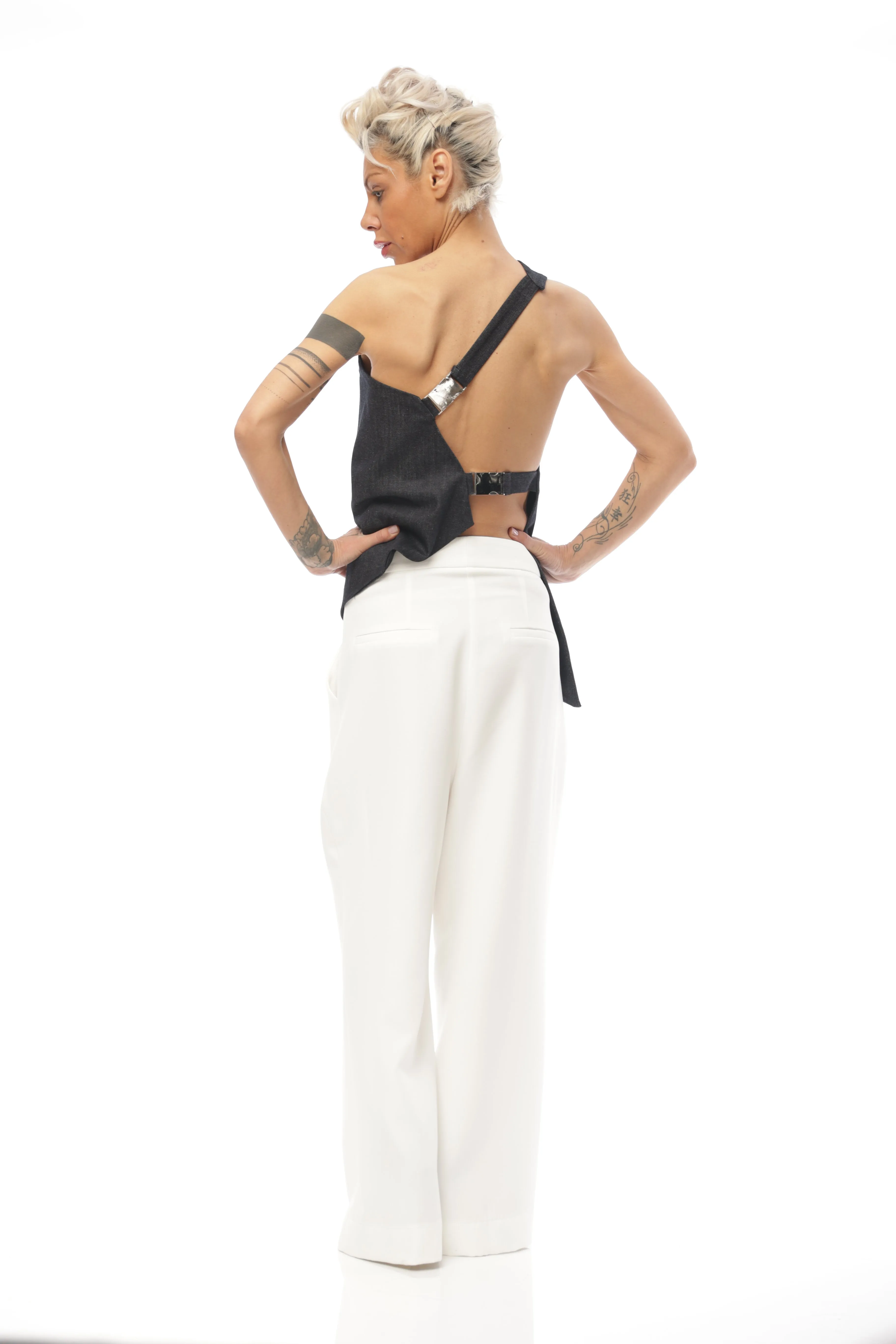 Techwear Inspired Open-Back Denim Top with Buckle Details