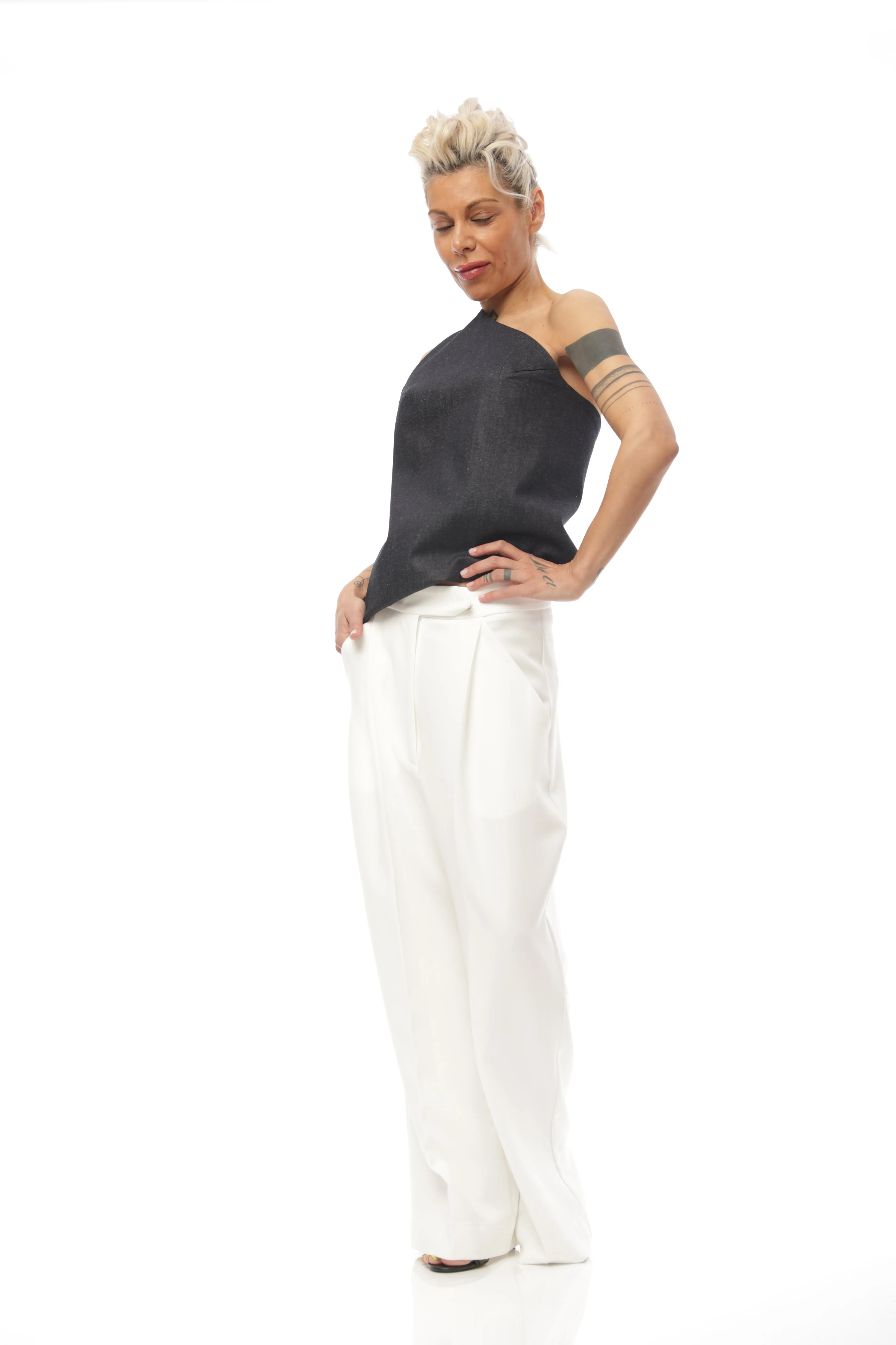 Techwear Inspired Open-Back Denim Top with Buckle Details